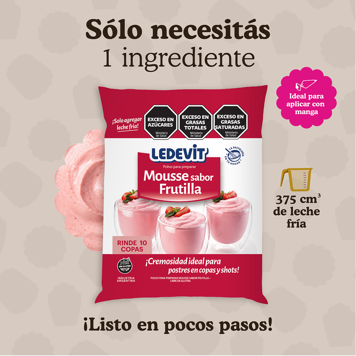 Polvo para preparar Mousse de frutilla Ledevit x 250g | Caja x12U imagen 3