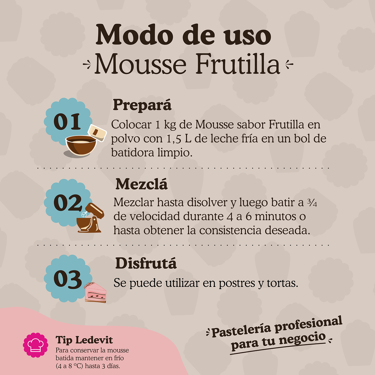 Polvo para preparar Mousse de frutilla Ledevit x 1Kg | Caja x6U imagen 7