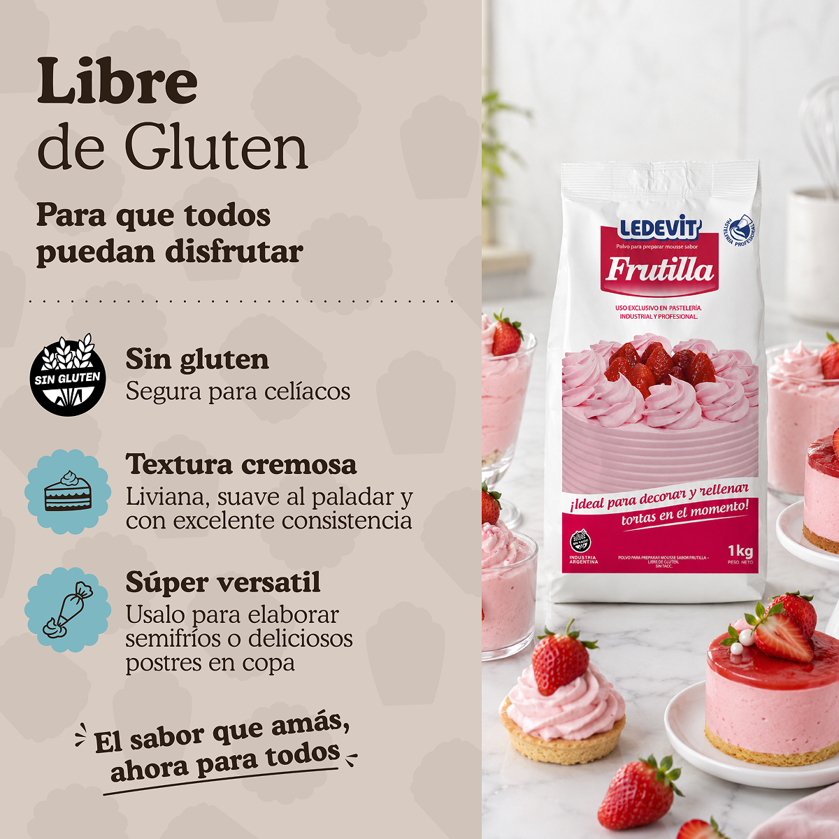 Polvo para preparar Mousse de frutilla Ledevit x 1Kg | Caja x6U imagen 4
