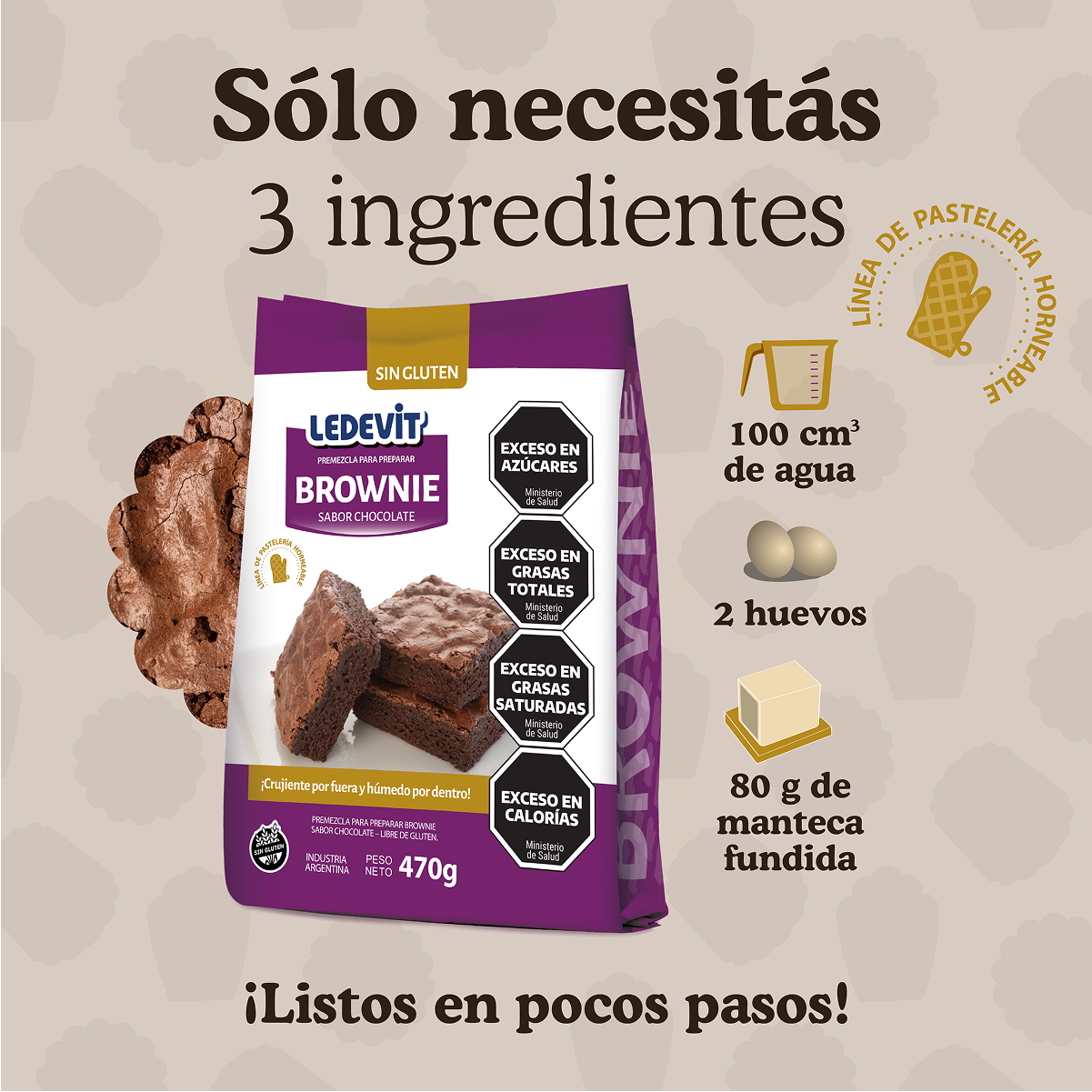 Premezcla para preparar Brownie de Chocolate Ledevit x 470g | Caja x12U imagen 3