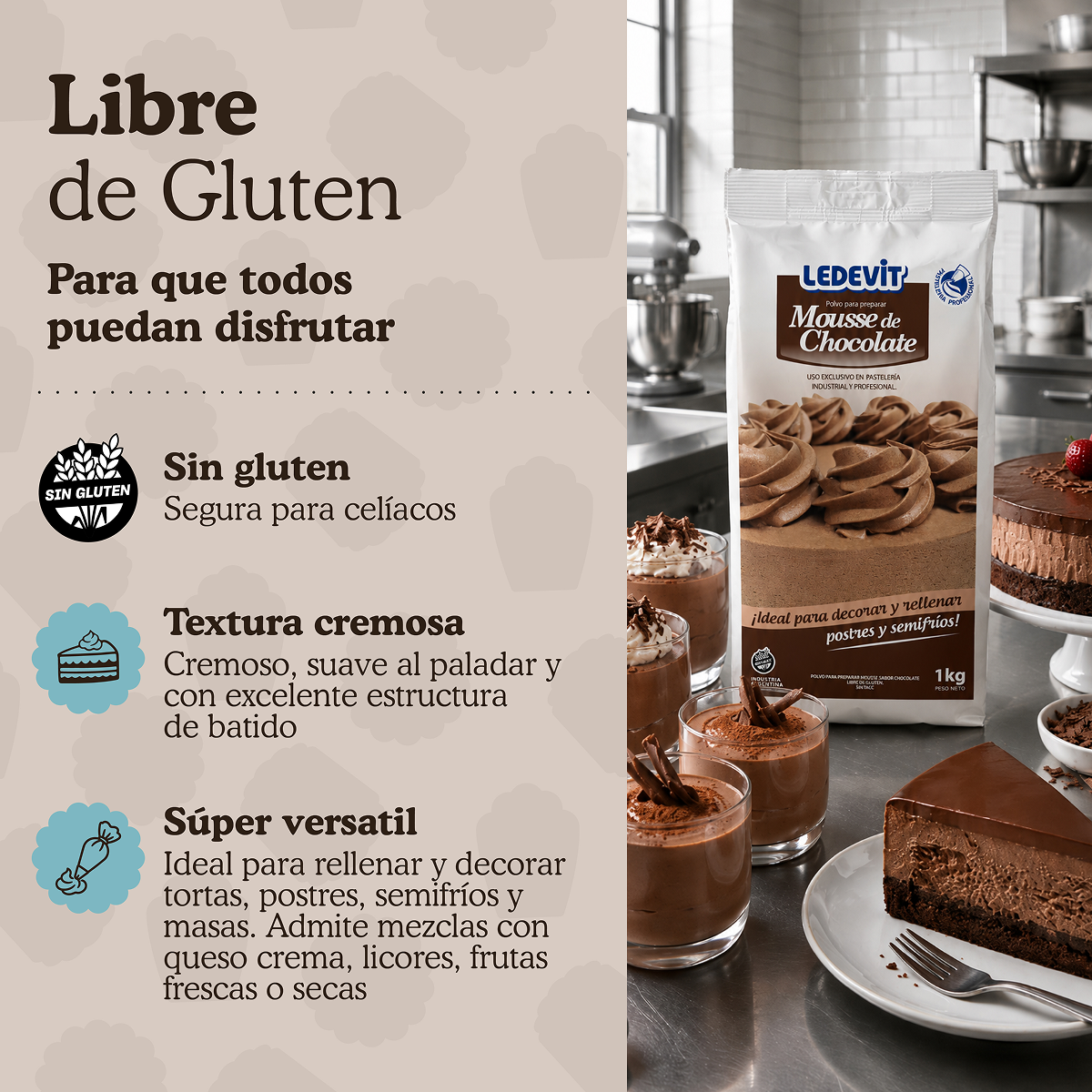 Polvo para preparar Mousse de chocolate Ledevit x 1Kg | Caja x6U imagen 5
